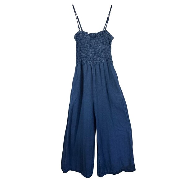 Pilcro Smocked Denim Jumpsuit Womens XS Blue Chambray Wide Leg Sleeveless - Picture 1 of 15